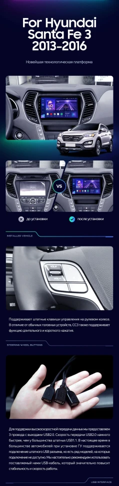 Штатная магнитола Teyes CC3 2K 6/128 Hyundai Santa Fe 3 (2013-2016) Тип-C